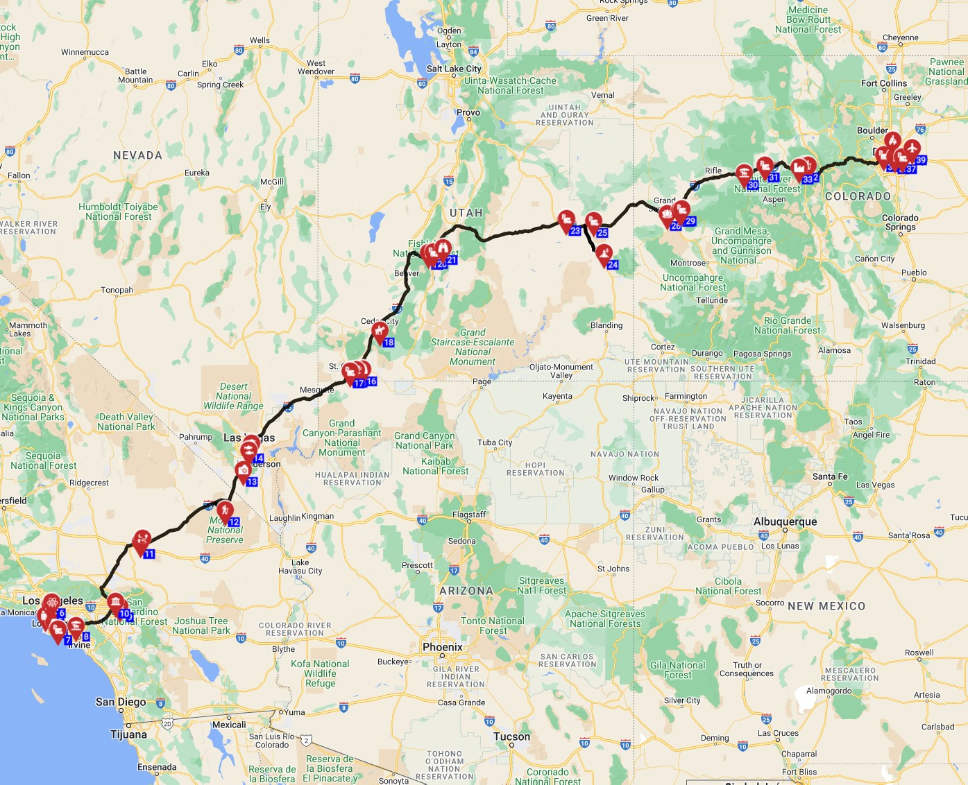 motorhome Trip USA With an RV from Los Angeles to Denver route planner